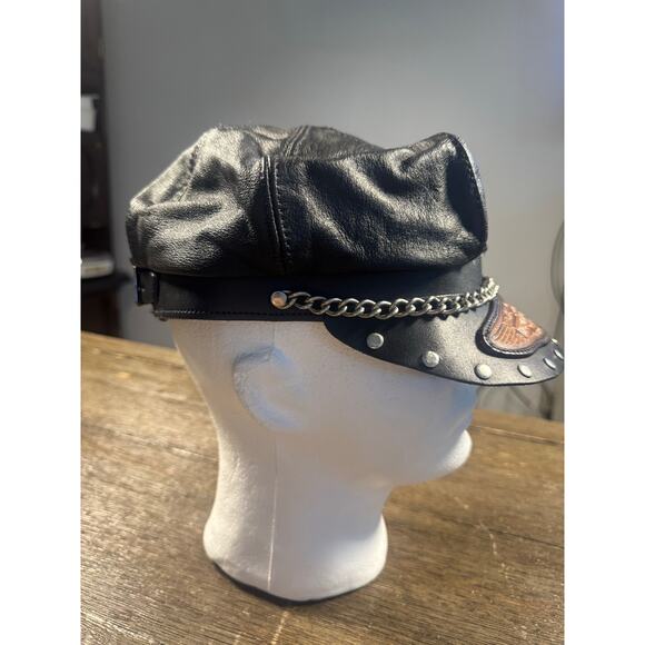 VTG 90s Harley Davidson Leather Captains Hat Studs/Chain Visor - Picture 2 of 8